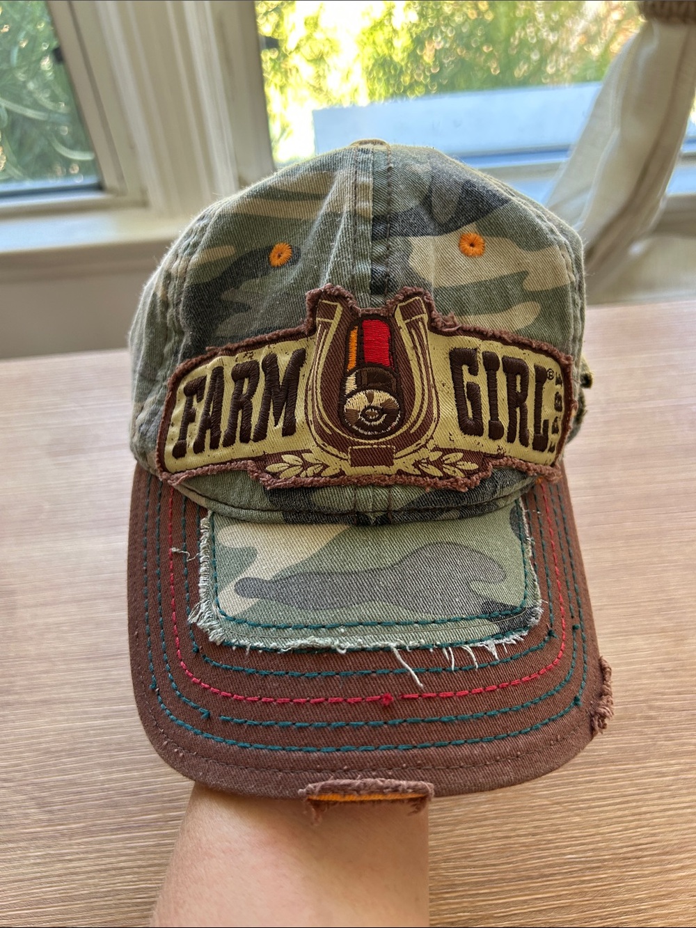 Farm Girl Distressed Hat. Velcro Back